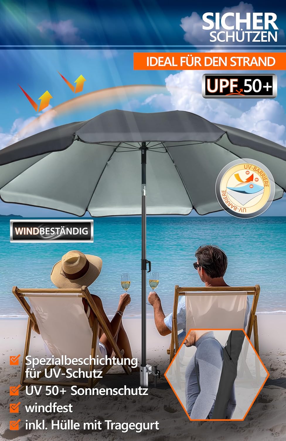 4smile Sonnenschirm Strand Ø 200 cm SET mit Eindrehbodenhülse, Anthrazit | Strandschirm Windfest Sta