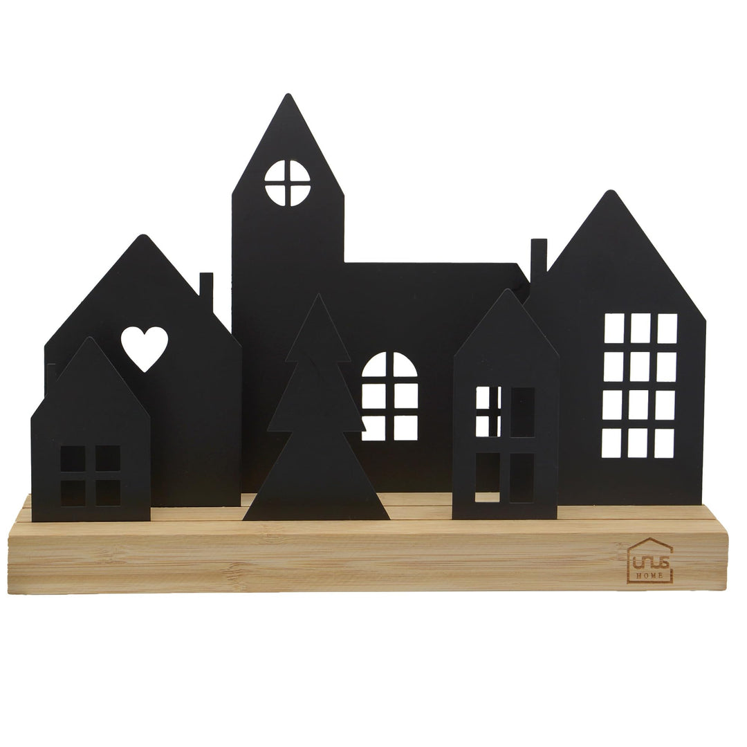 UNUS Stadt-Aufsteller - Deko-Häuser aus Holz und Metall mit Kirche und Baum - Schwarz Schwarz 4 Häus