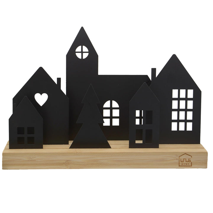 UNUS Stadt-Aufsteller - Deko-Häuser aus Holz und Metall mit Kirche und Baum - Schwarz Schwarz 4 Häus