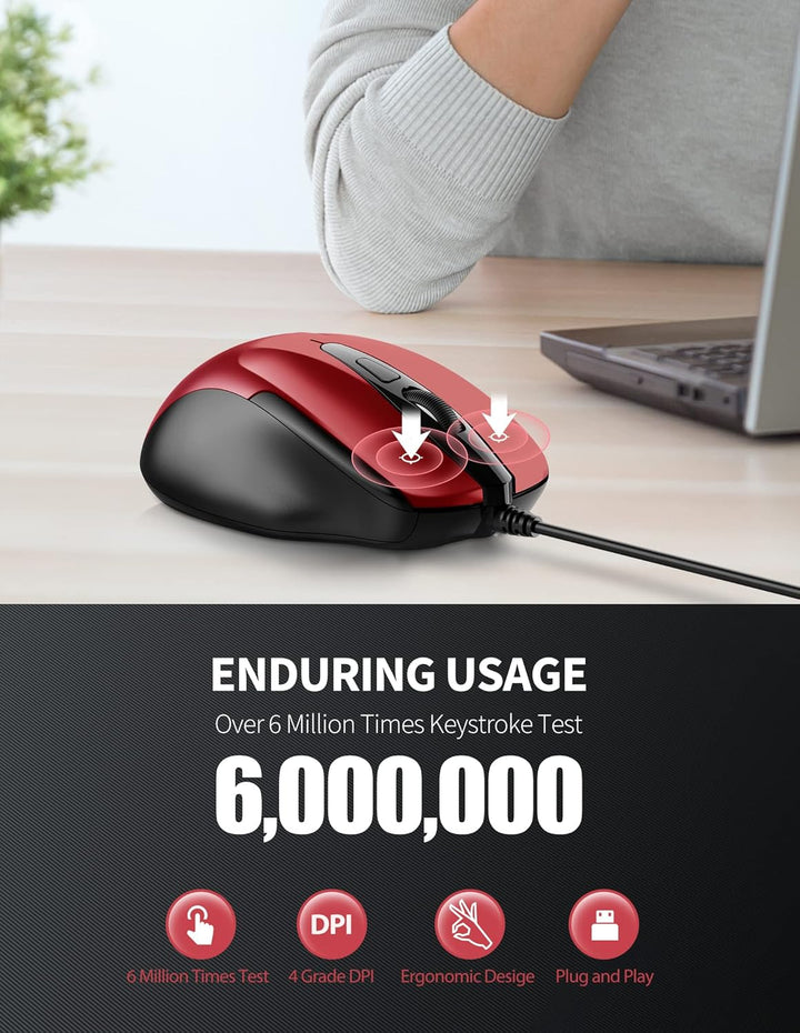TECKNET Maus mit Kabel, Computermaus mit 6 Tasten, 6400 DPI, Ergonomisches Optical Business Kabelgeb