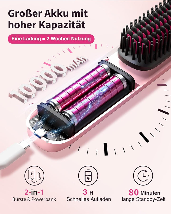 Bopcal Kabellose Glättbürste 10000mAh, 3-in-1 Haarglätter Bürste mit 300 Millionen Ionen, 30S Schnel