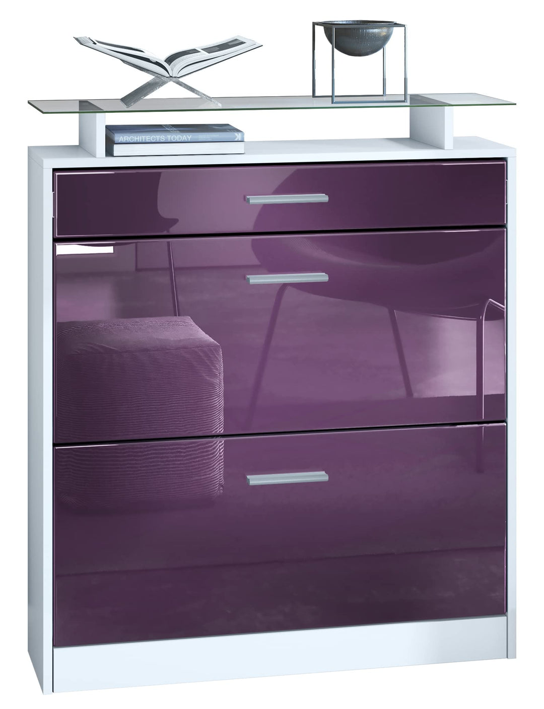 Vladon Schuhschrank Loret 89 x 104 x 23 cm Schuhkipper für 16 Paar Schuhe mit 1 Schublade, 1 Glasabl