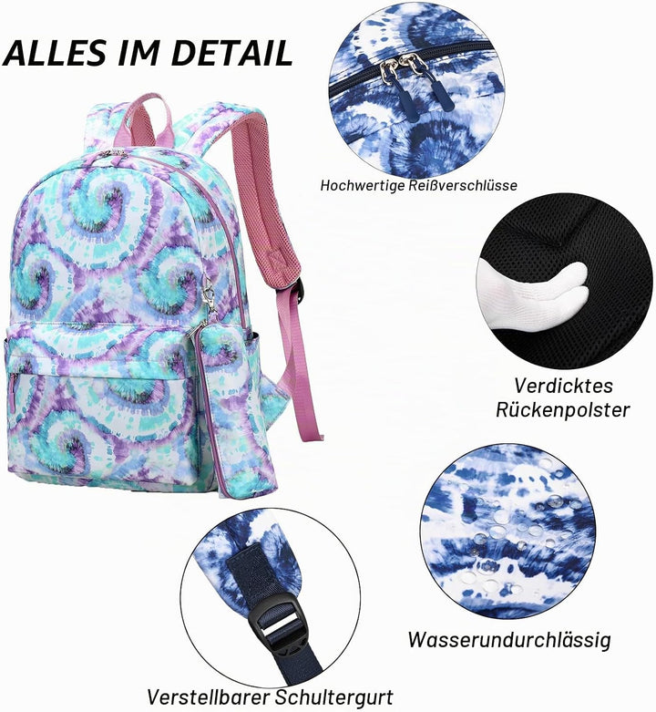 ZHIERNA Schulrucksack Mädchen Teenager Tie Dye Schule Rucksack Schulranzen Kinder Schultasche mit Lu