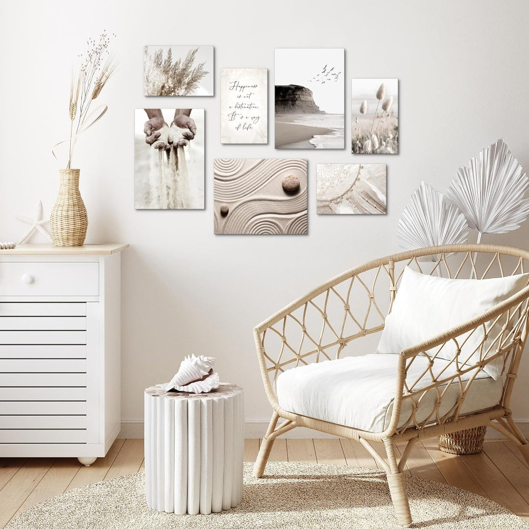 Novart Wandbilder Strand Boho - KOMPLETT AUFHÄNGFERTIG - Beige Wohnzimmer Schlafzimmer- 7 Moderne Mo