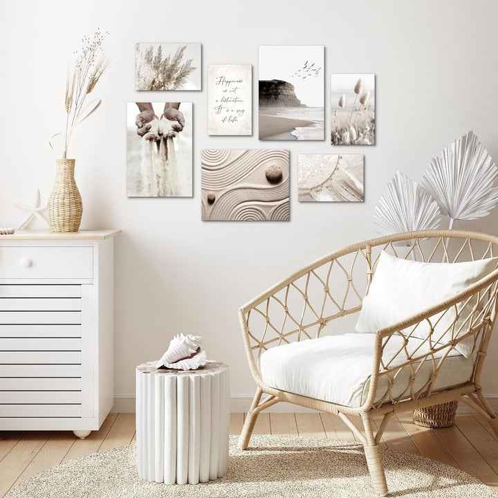 Novart Wandbilder Strand Boho - KOMPLETT AUFHÄNGFERTIG - Beige Wohnzimmer Schlafzimmer- 7 Moderne Mo