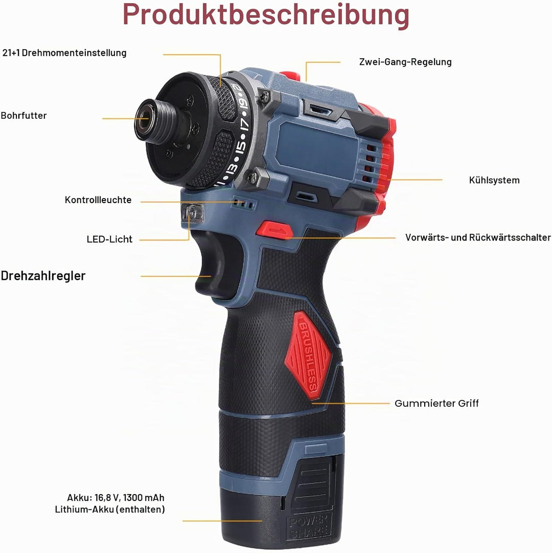 Weytoll Akku Bohrschrauber, 16.8V Akku-Bohrschrauber Set mit 1300mAh Akku*2, Drehmoment auf 23+1 Stu
