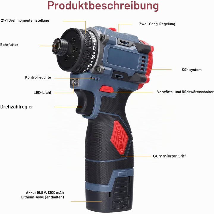 Weytoll Akku Bohrschrauber, 16.8V Akku-Bohrschrauber Set mit 1300mAh Akku*2, Drehmoment auf 23+1 Stu