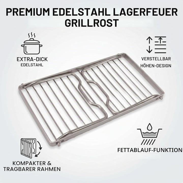 Klappbarer Campingrost aus Edelstahl mit Einstellbarer Höhe, Dickere Lagerfeuer-Grillroste, Abtropfe