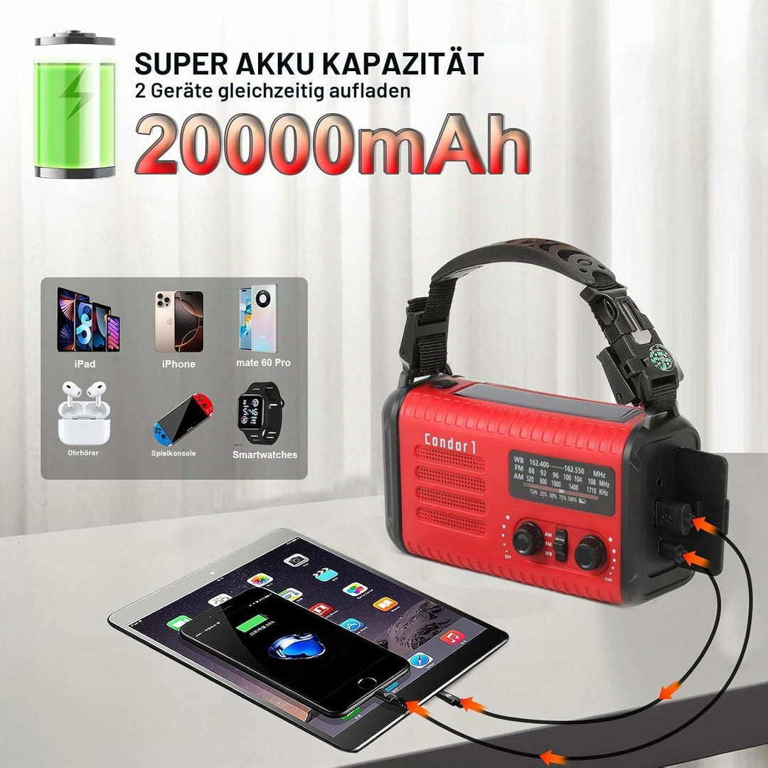 20000mAh / 74000mWh Notfallradio, Solar-Hand Kurbelradio AM/FM/NOAA-Wetterradio, batteriebetrieben m