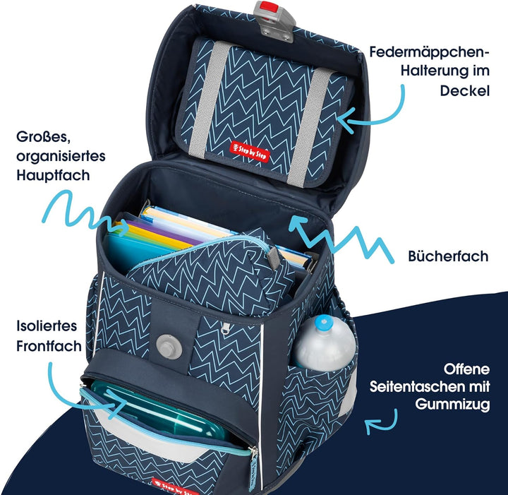 Step by Step Basis Schulranzen-Set „Blue Lines“, 4-teilig, blau, ergonomischer Tornister mit Reflekt