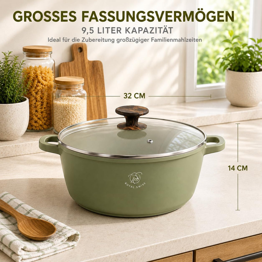 Royal Swiss Kochtopf mit Marmorbeschichtung, Glasdeckel, Induktion, 9,5 l, 32 cm, Grün (Grün, 32 cm)