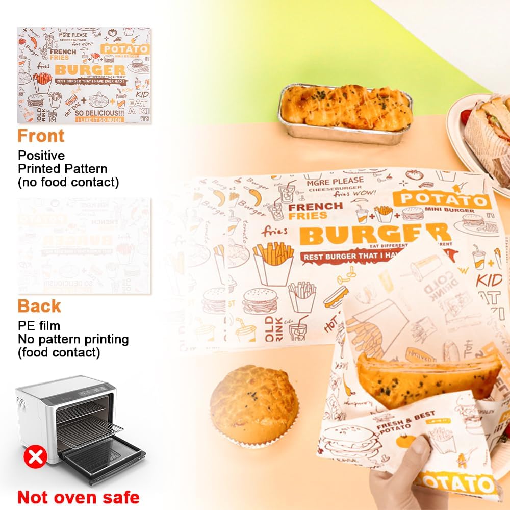 100 Blatt Burgerpapier Fettdicht, 36 x 26 cm Käsepapier, Wasserdicht und öl Wachspapier, Butterbrotp