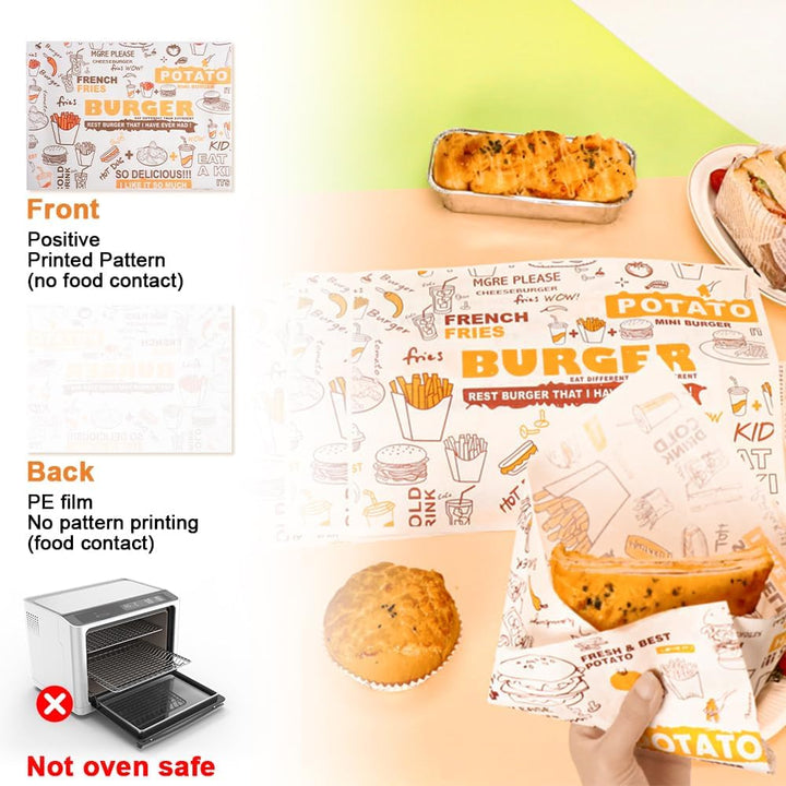 100 Blatt Burgerpapier Fettdicht, 36 x 26 cm Käsepapier, Wasserdicht und öl Wachspapier, Butterbrotp