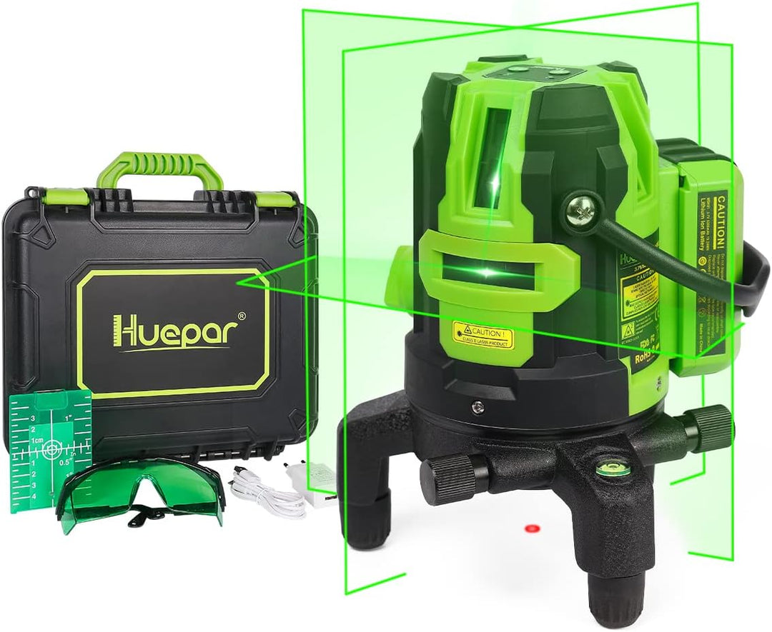 Huepar Lasernivellier mit Grünen Multilinien -Vier vertikale und eine horizontale Linie mit Selbstni