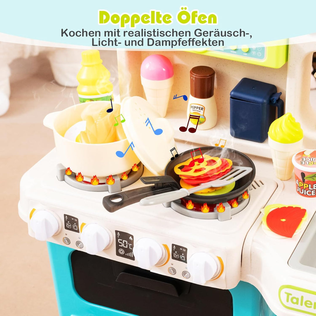 COSTWAY Kinderküche mit 95 Zubehör, Spielküche mit Licht, Sound & Dampf, Kinder Küche mit Kochherd,