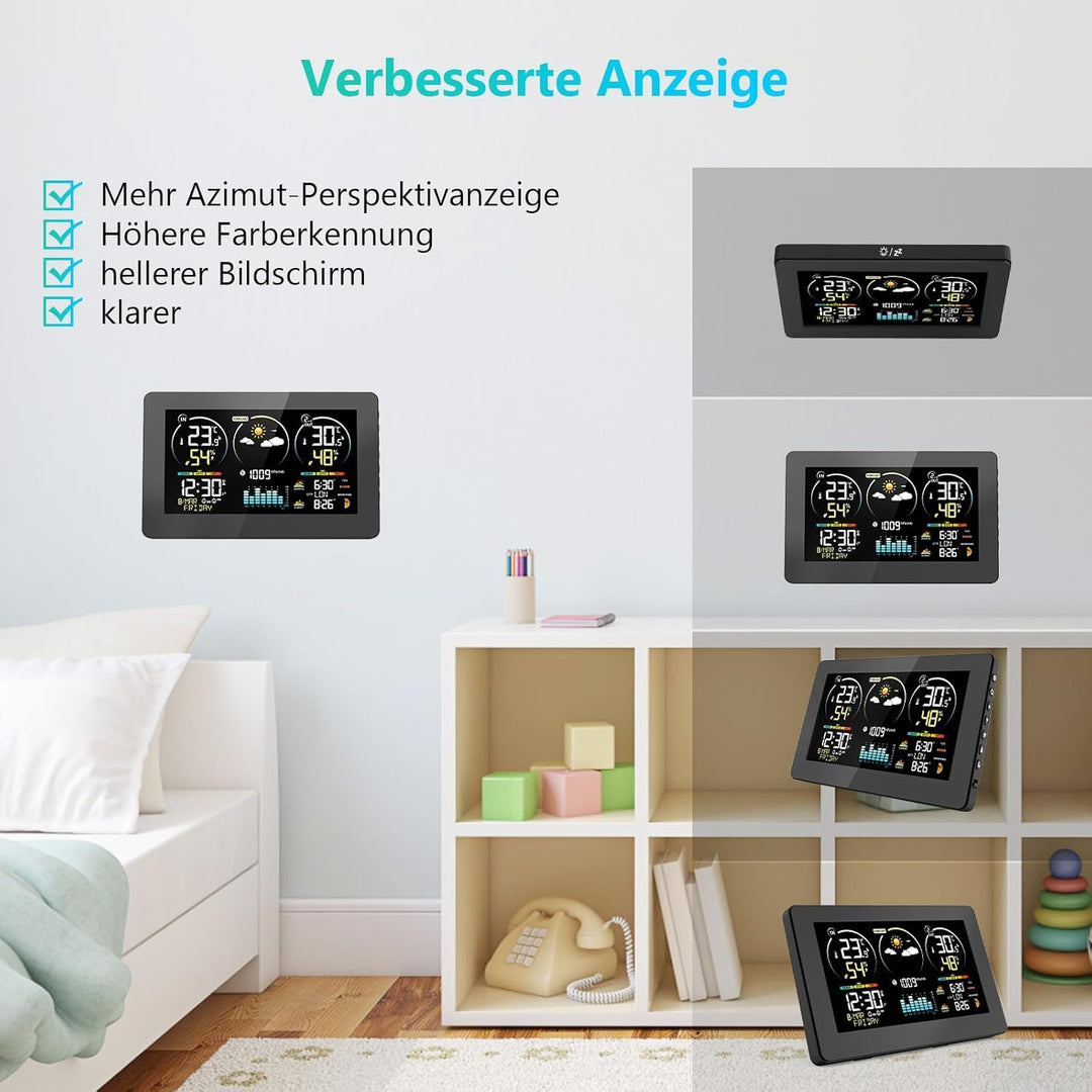 Wetterstation Funk mit Aussensensor, 7,8 Zoll Grosses Farbdisplay mit Beleuchtung & DCF Funkuhr, Wet
