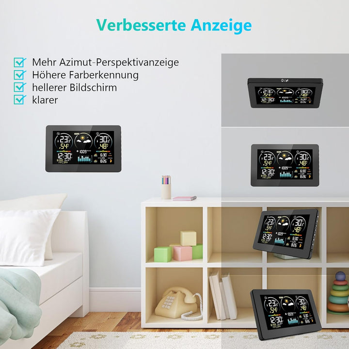 Wetterstation Funk mit Aussensensor, 7,8 Zoll Grosses Farbdisplay mit Beleuchtung & DCF Funkuhr, Wet
