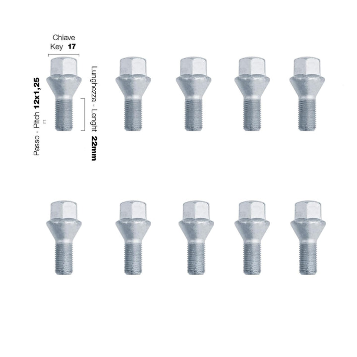 SIMONI RACING Set mit 10 Schrauben, 17 M12 x 1,25, Länge 22 mm, konischer Kopf