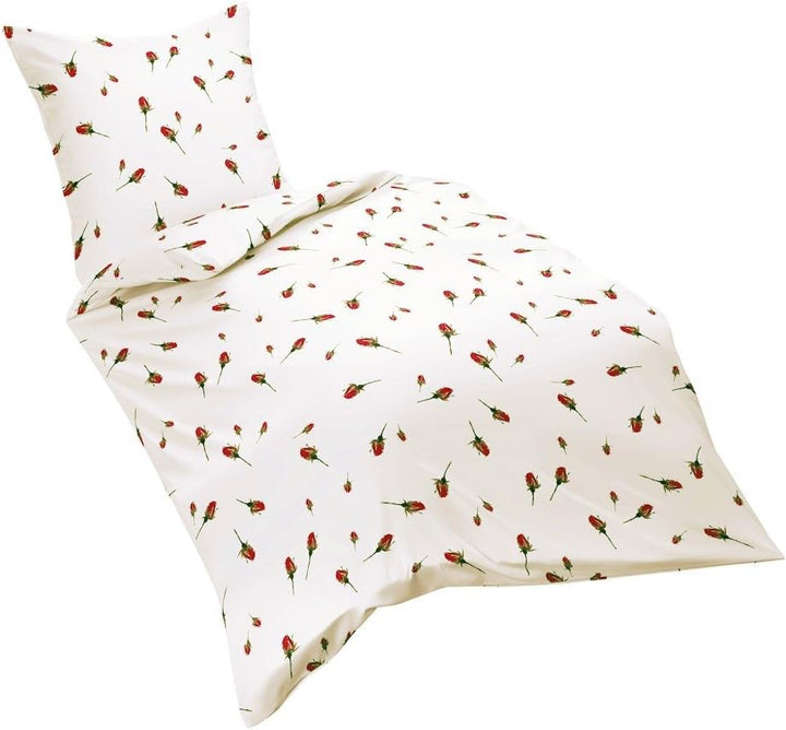 Kaeppel Mako Satin Bettwäsche 2 TLG. 155x220cm Rosen Rot Weiss Grün Knospen 155 cm x 220 cm Mehrfarb