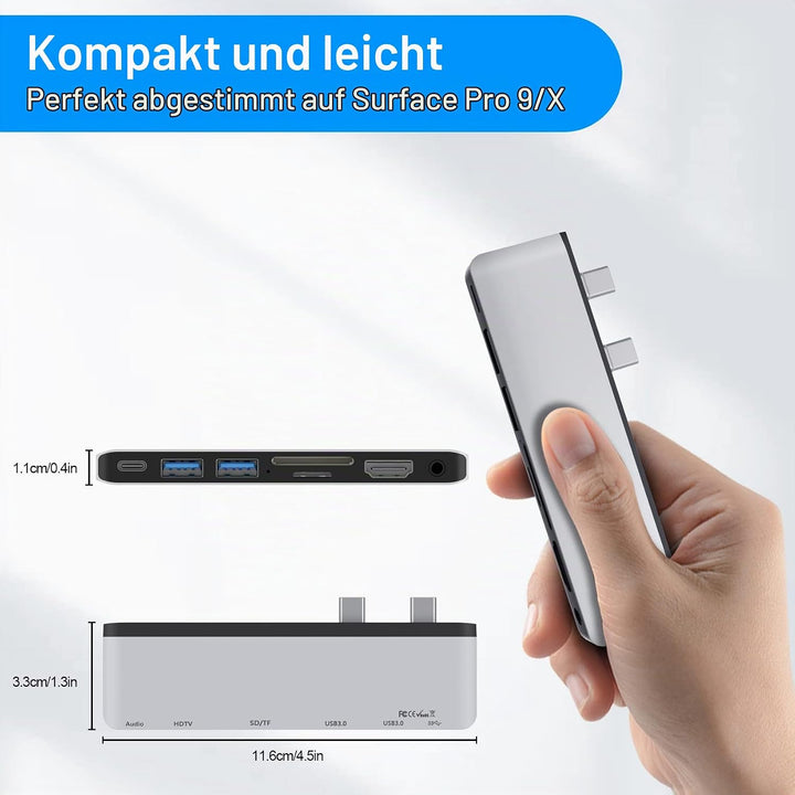 Surface Pro 9 Dockingstation mit 4K HDMI, USB C Thunerbolt 4 (Display+Daten+PD), USB 3.0 * 2, SD/TF