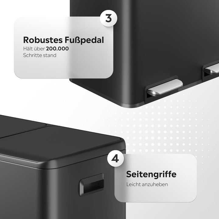 WLIVE Mülleimer 2 x 30L (60L Gesamtvolumen),Mülleimer Küche,Edelstahl Mülltrennsystem mit Mülleimer