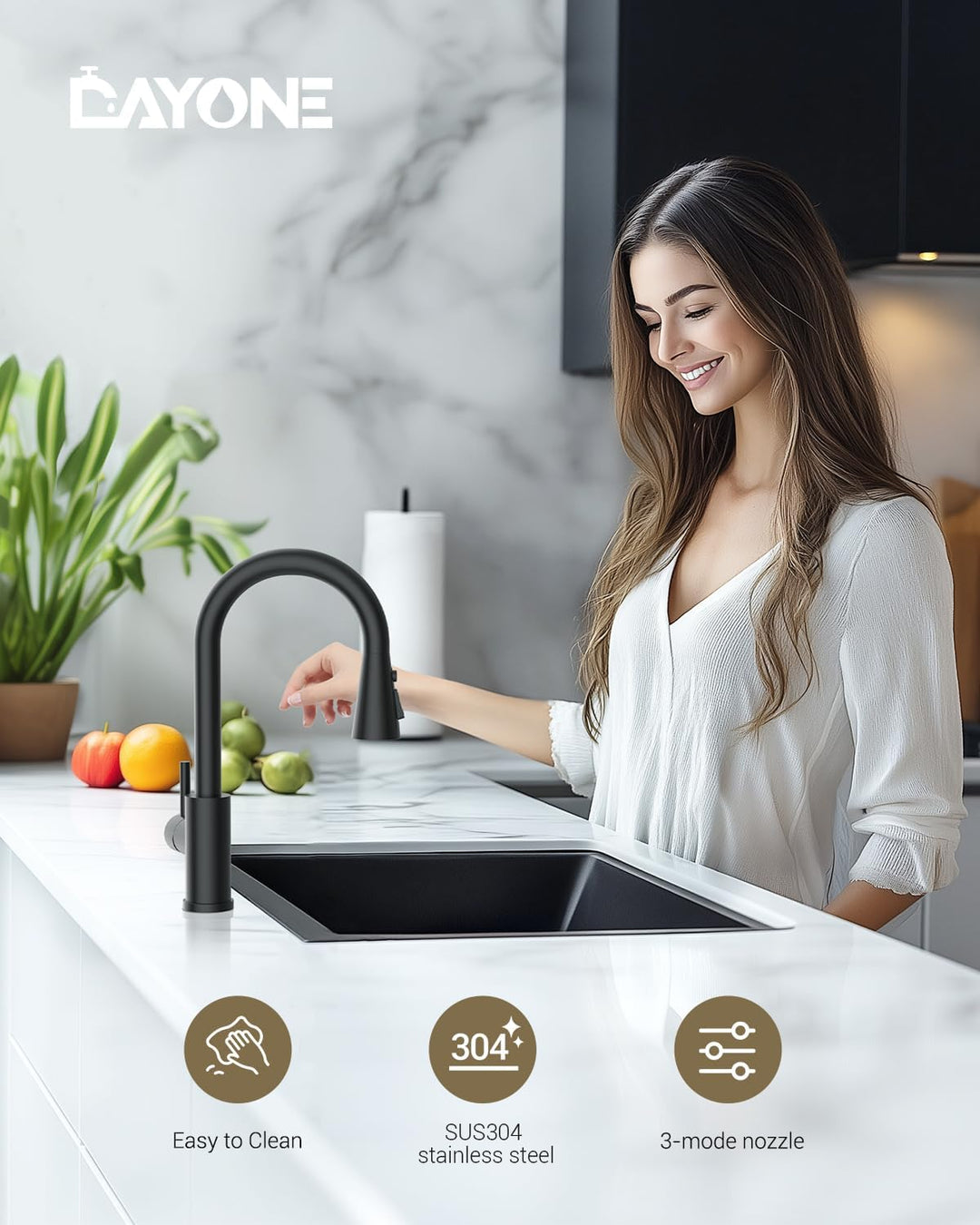 DAYONE Wasserhahn Küche Matt Schwarz, Hochdruck Küchenarmatur mit Brause Ausziehbar, Mischbatterie K