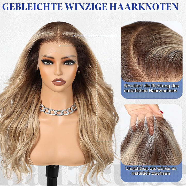 HAIRCUBE 13x6 HD Synthetische Lace-Front-Perücke, 24 Zoll Ombre Gritty Blonde Lange Lockige Stufenpe