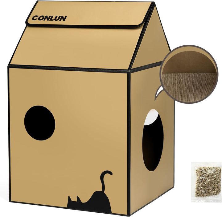 Conlun Katzenhaus mit Kratzbrett &amp; Katzenminze, Leicht zu Montieren - Kratzhöhle für Wohnungskatzen,