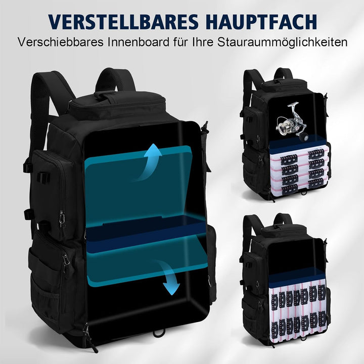 Goture Angelrucksack, 73-Liter Angelzubehör-Rucksack mit Zwei Rutenhaltern und Regenschutz, 600D Oxf