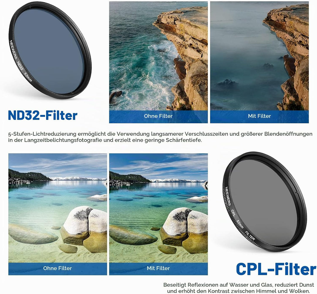 NEEWER 52mm ND+CPL+Effekt Filter Set mit Handy Phone Objektiv Klammer, Polfilter ND32, 6 Punkt Stern