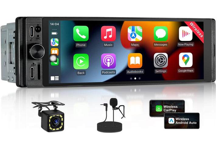 1Din Car Radio with Wireless Carplay &amp; Android Auto, Bluetooth Autoradio 1Din mit 6,28 Zoll HD IPS B