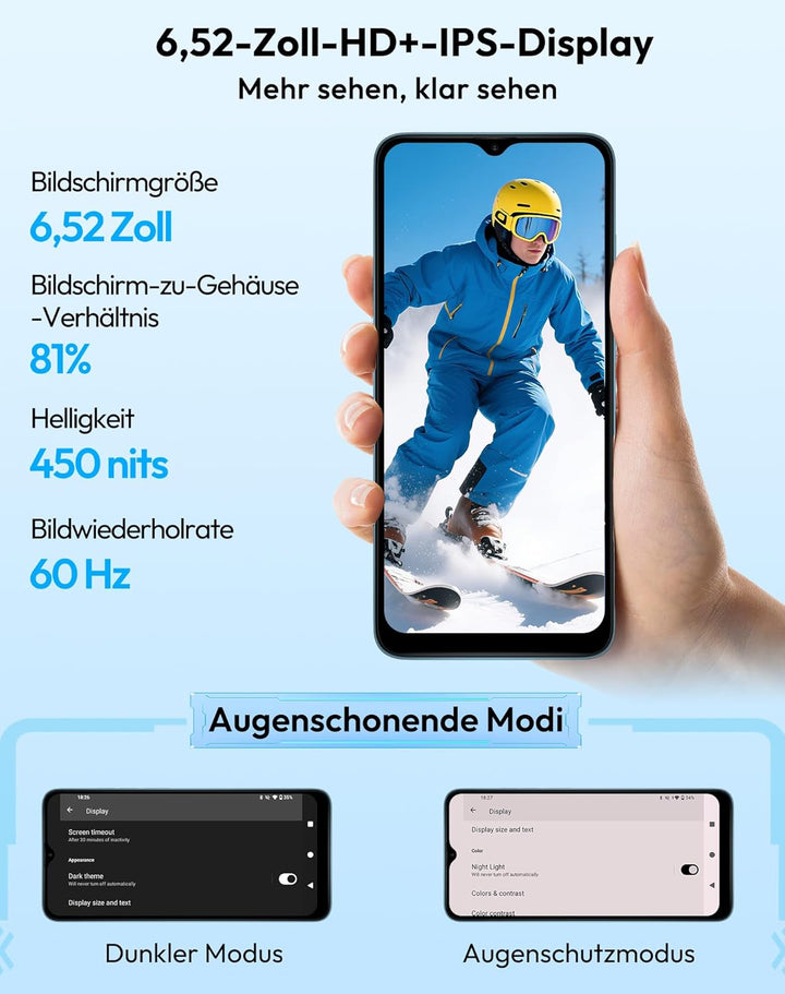 XGODY X36 Handy Ohne Vertrag, 6,52" Android 15 Smartphone, 4G LTE Dual SIM Octa-Core, 7GB/32GB (256G