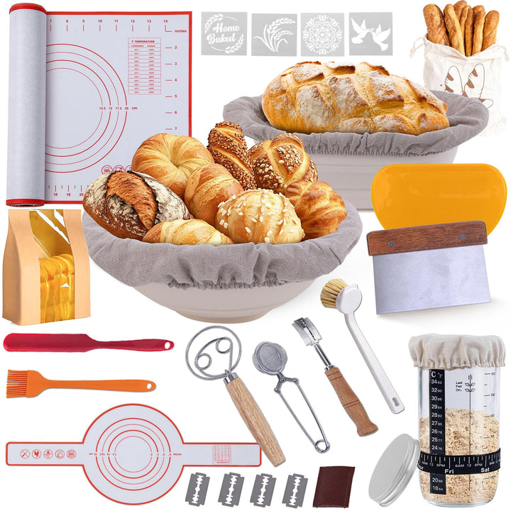 Sauerteig Starter Set mit 2 Gärkörbchen, 730ML Sauerteig Glas, Brotbackzubehör kit, Brot Backen Zube