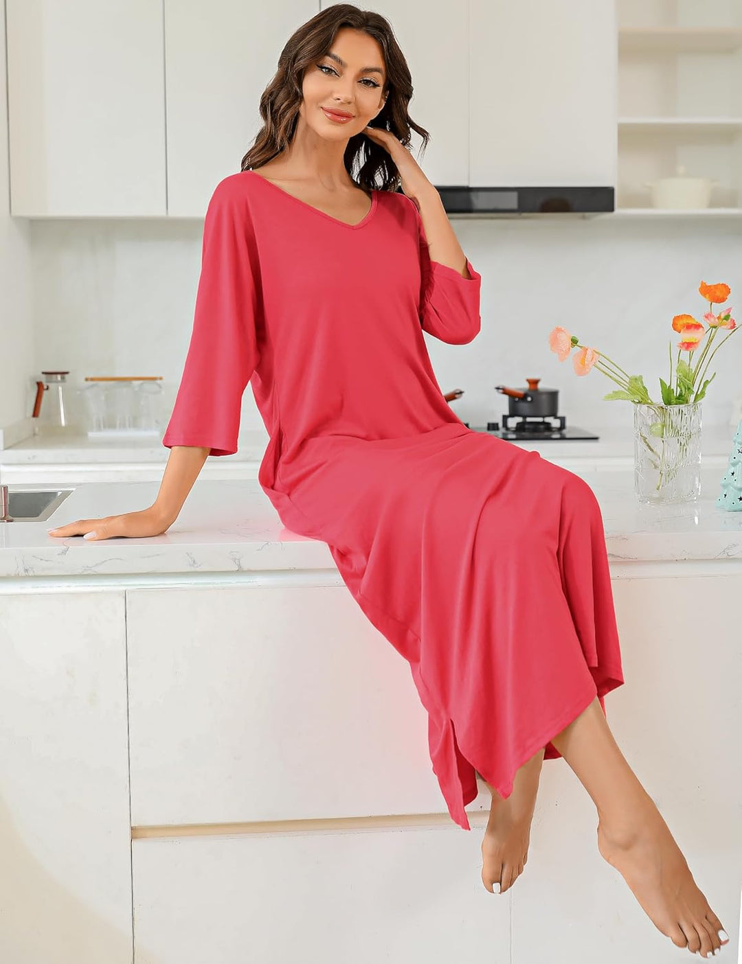 Uniexcosm Nachthemd Damen Lange Baumwolle 3/4 Ärmel Nachtkleid Nachtwäsche V-Ausschnitt Freizeitklei