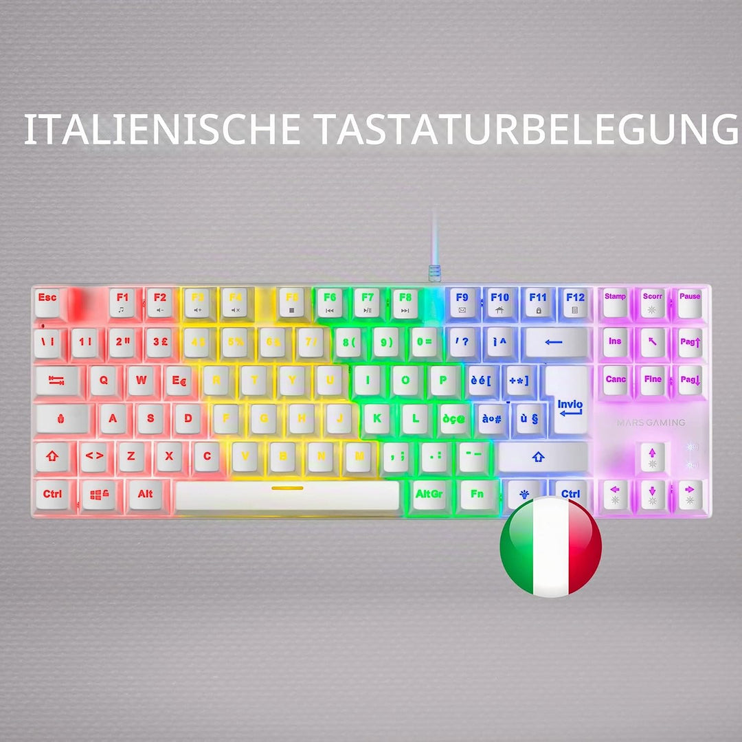 MARSGAMING MK80 Weiss, Mechanische Gaming Tastatur TKL FRGB, Antighosting, Switch Mechanischer Braun