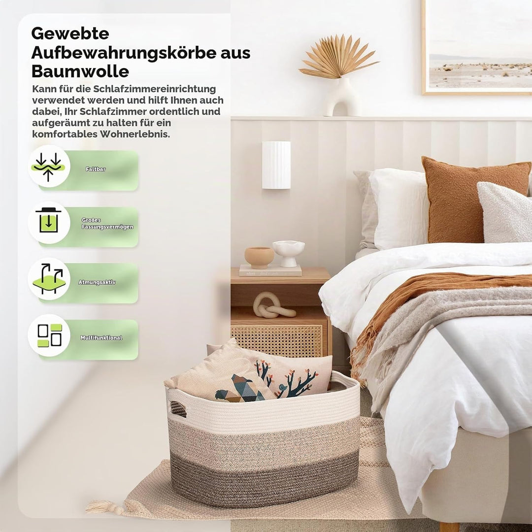 XXL Rechteckig Wäschekorb Geflochten 72L Wäschekorb für Decken Vielseitiger Deco Baumwolle Aufbewahr