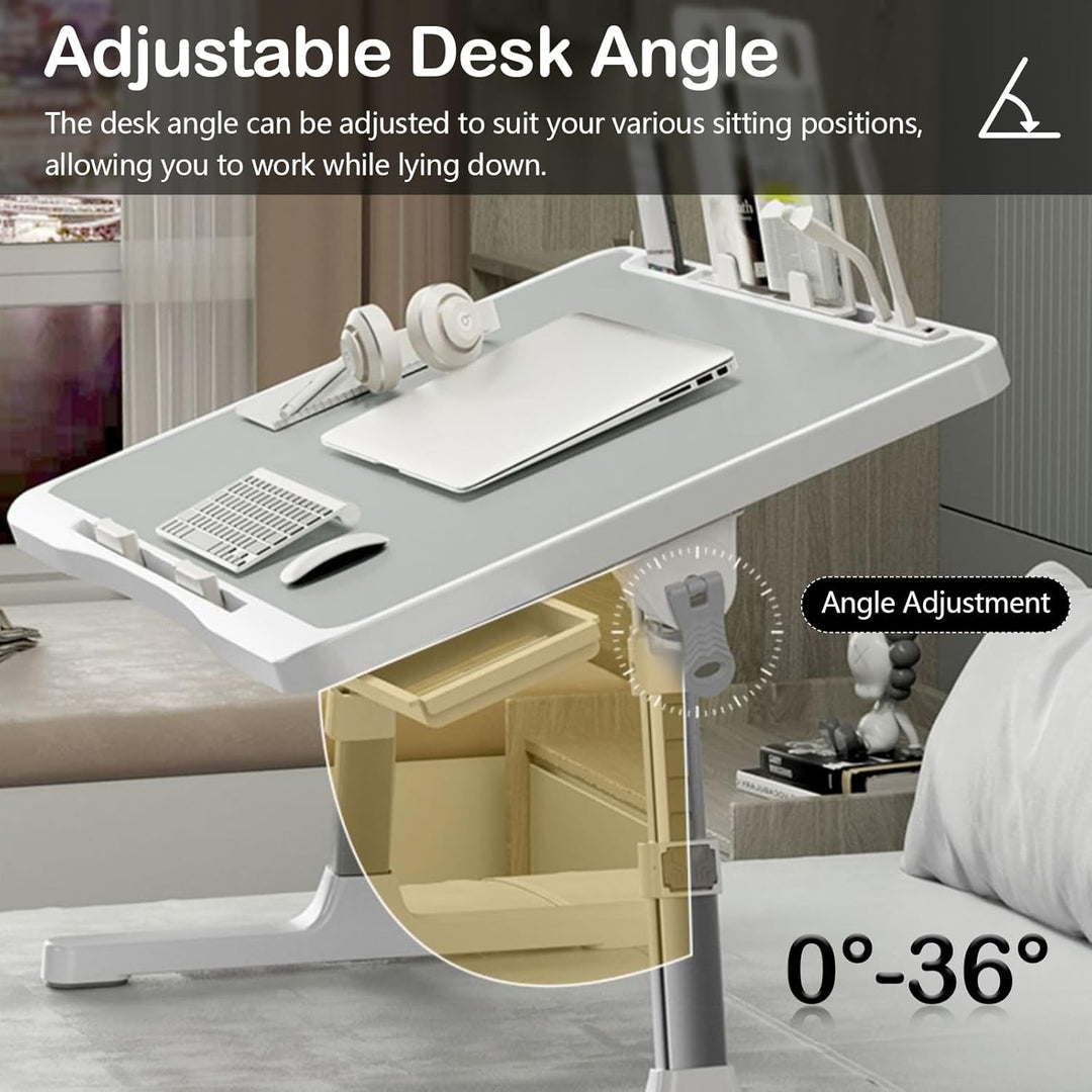 Laptoptisch, Bett Tabletttisch HöHenverstellbar Faltbarer Betttisch mit Schublade Bücherregal USB Sc