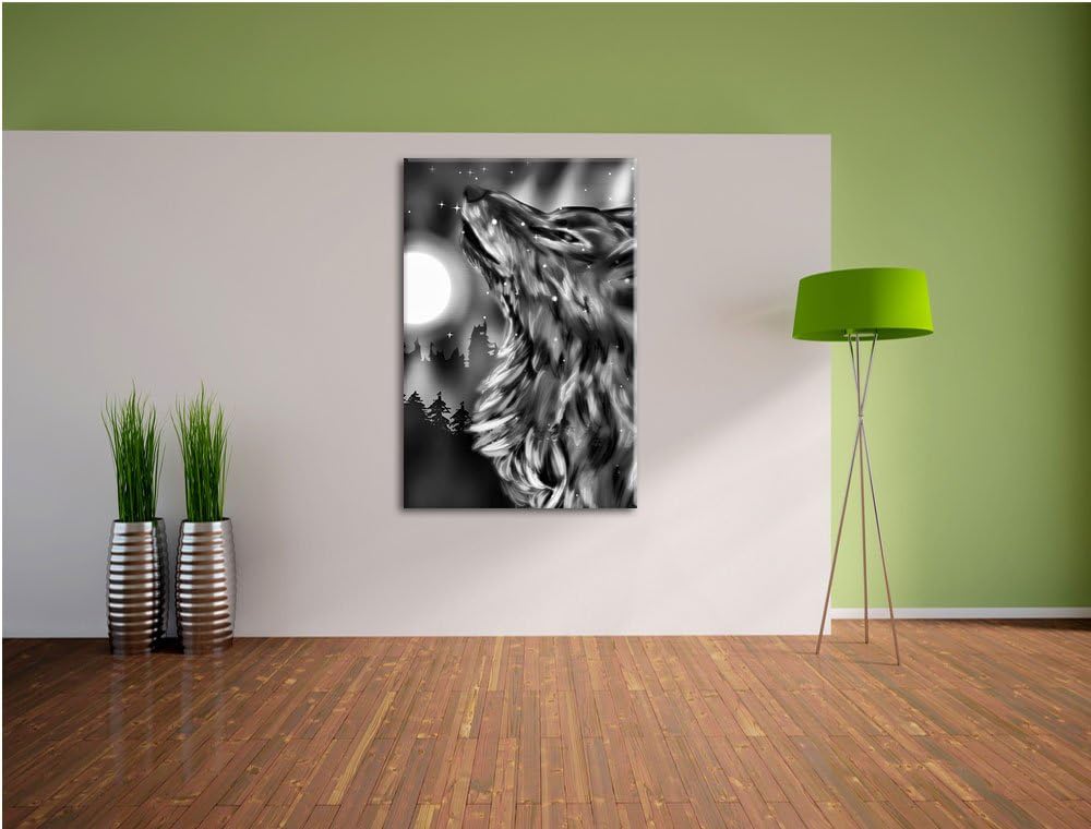 Pixxprint Abstrakter Wolf mit Mond als Leinwandbild | Grösse: 100x70 | Wandbild| Kunstdruck | fertig