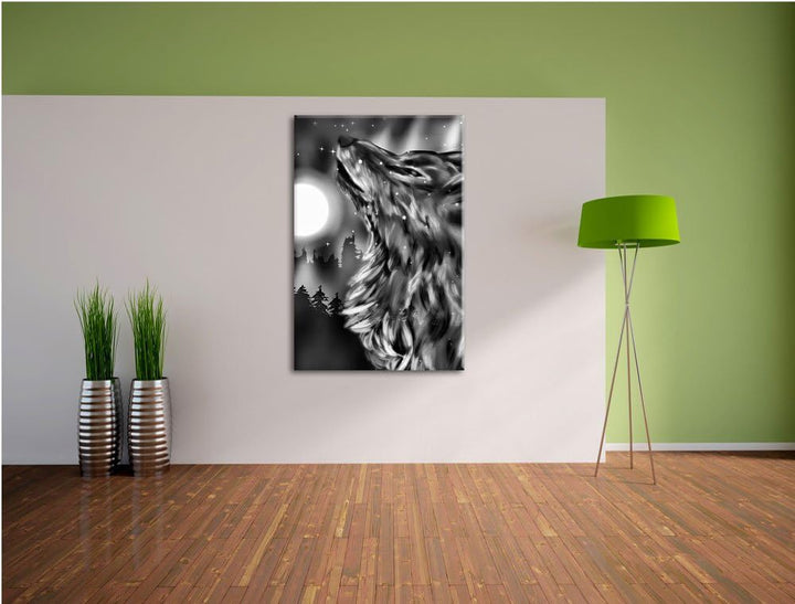 Pixxprint Abstrakter Wolf mit Mond als Leinwandbild | Grösse: 100x70 | Wandbild| Kunstdruck | fertig