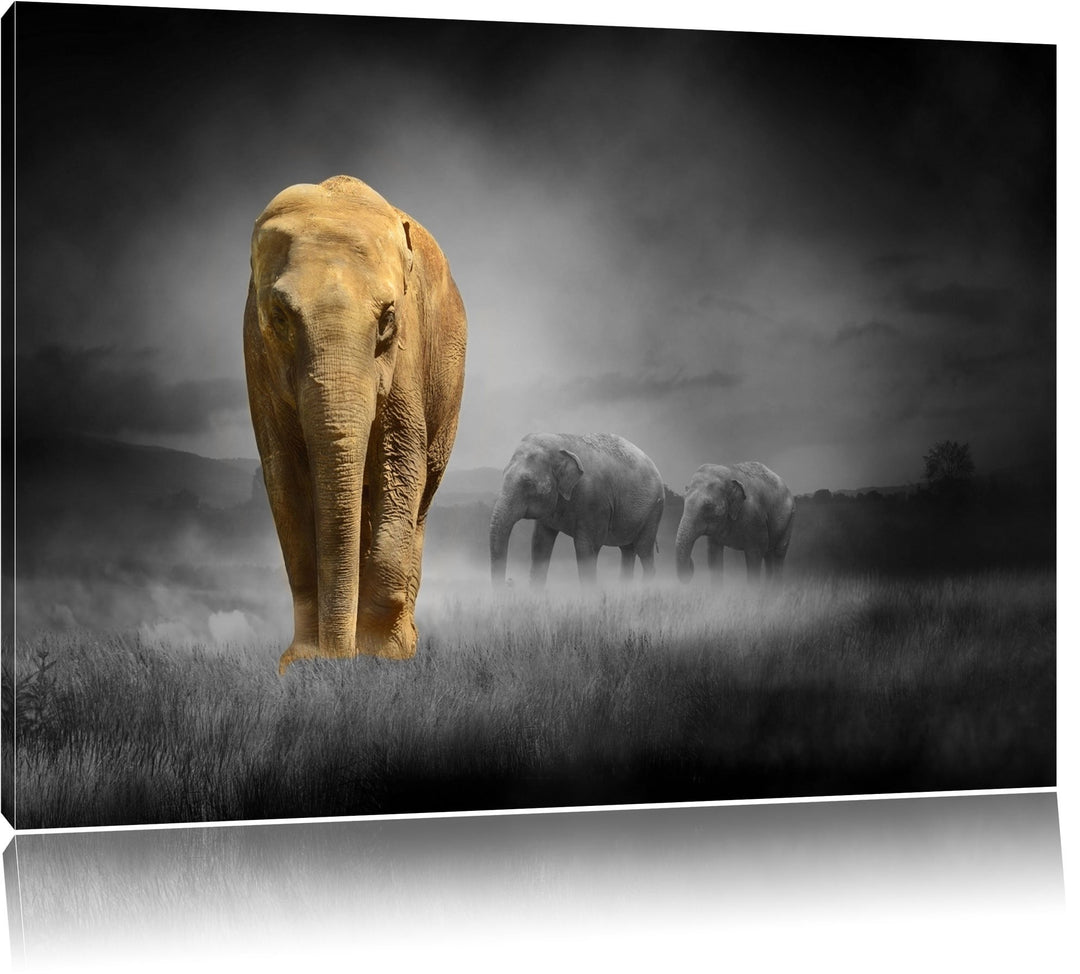 Elefanten in Steppe schwarz/weiss Format: 100x70 auf Leinwand, XXL riesige Bilder fertig gerahmt mit