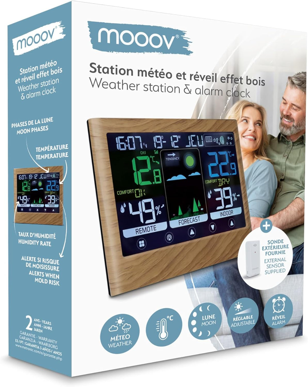 mooov 477534 Wetterstation für den Innenbereich mit Aussensensor – Temperatur, Luftfeuchtigkeit, Mon