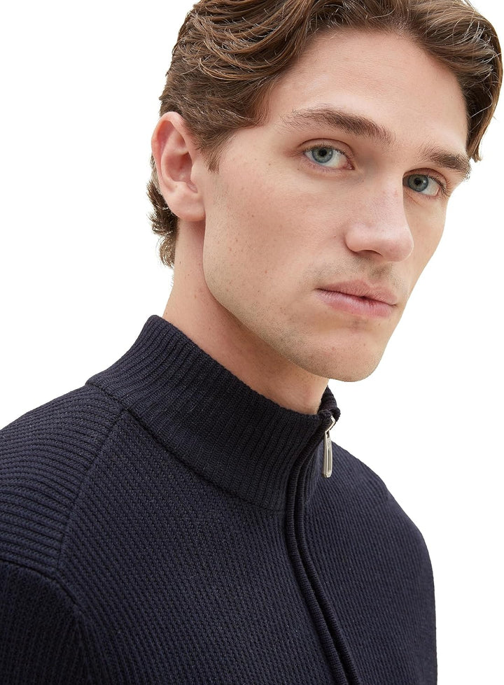 TOM TAILOR Herren Mouliné Strick-Pullover mit Troyer-Kragen L 13160 - Knitted Navy Melange, L 13160