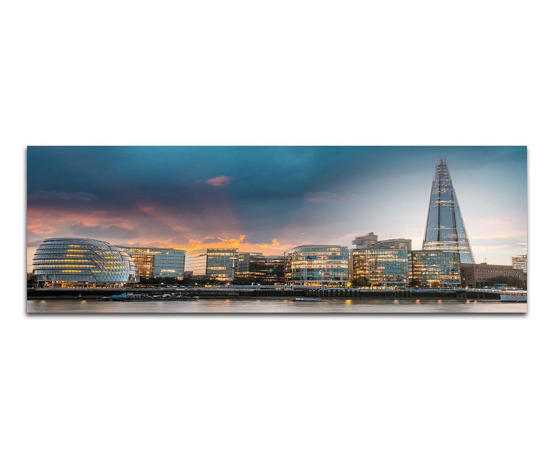 Paul Sinus Art Panoramabild auf Leinwand und Keilrahmen 150x50cm London Skyline Wasser Abenddämmerun