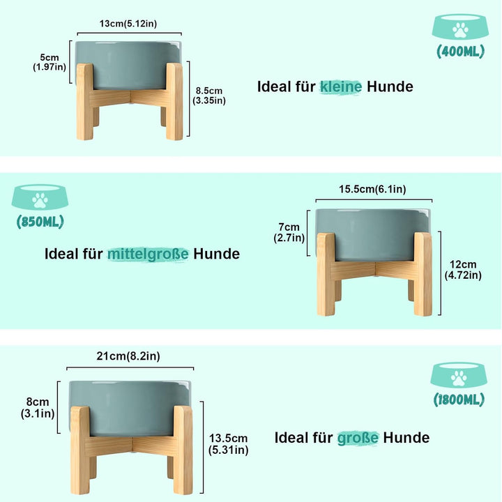 SPUNKYJUNKY Hundenapf Keramik Erhöhter Futternapf Set mit Bambus Ständer für Katzen und Hunde (1800m
