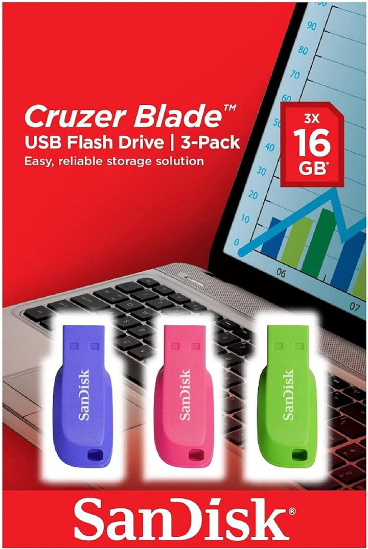 SanDisk 16GB Cruzer Blade USB Flash Drive 3-pack , Blue/Pink/Green Blau/Pink/Grün 16GB Triple Pack,
