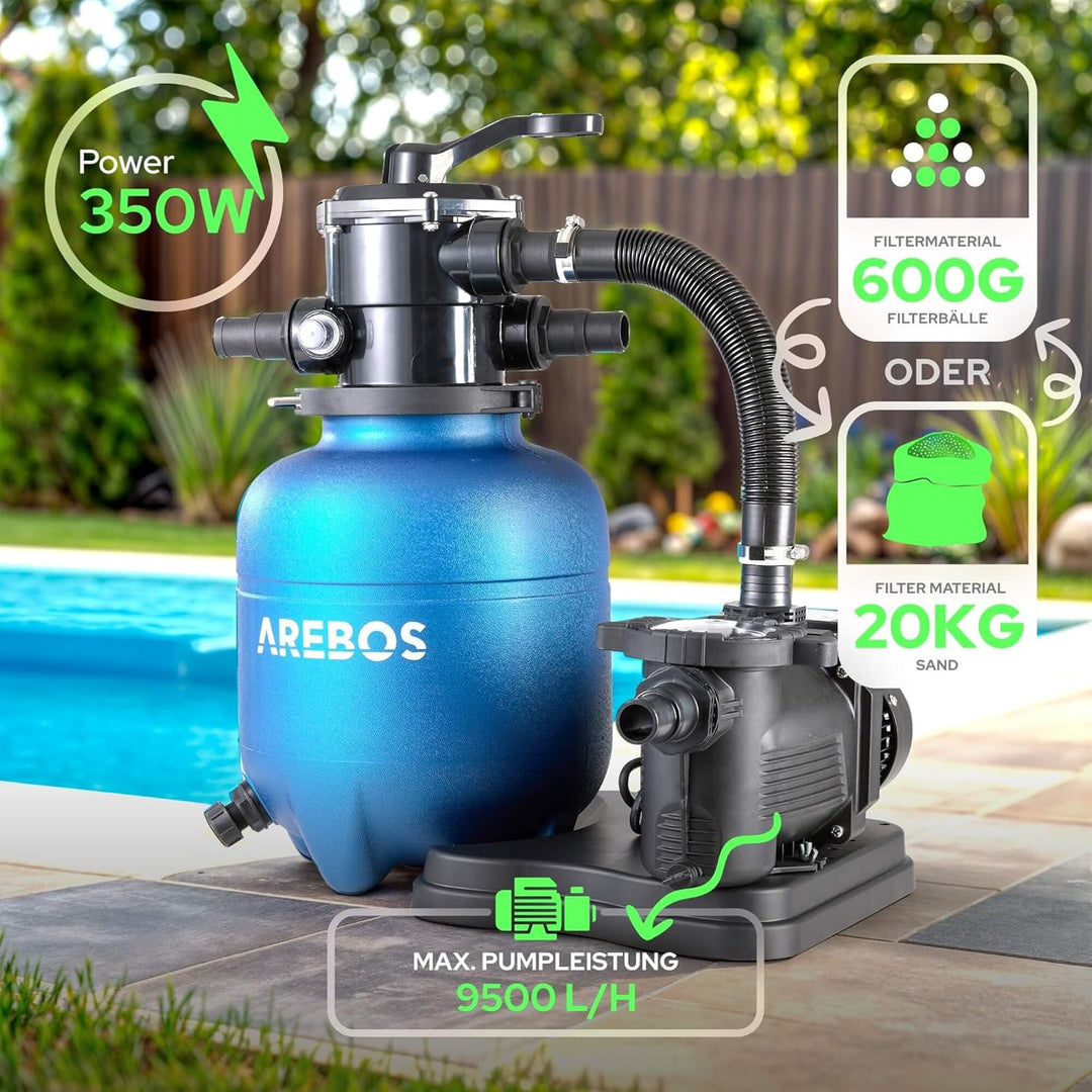 Arebos Sandfilteranlage mit Pumpe inkl. 700g Filterbälle | Blau | 400W | 10.200 L/h | Tankvolumen bi