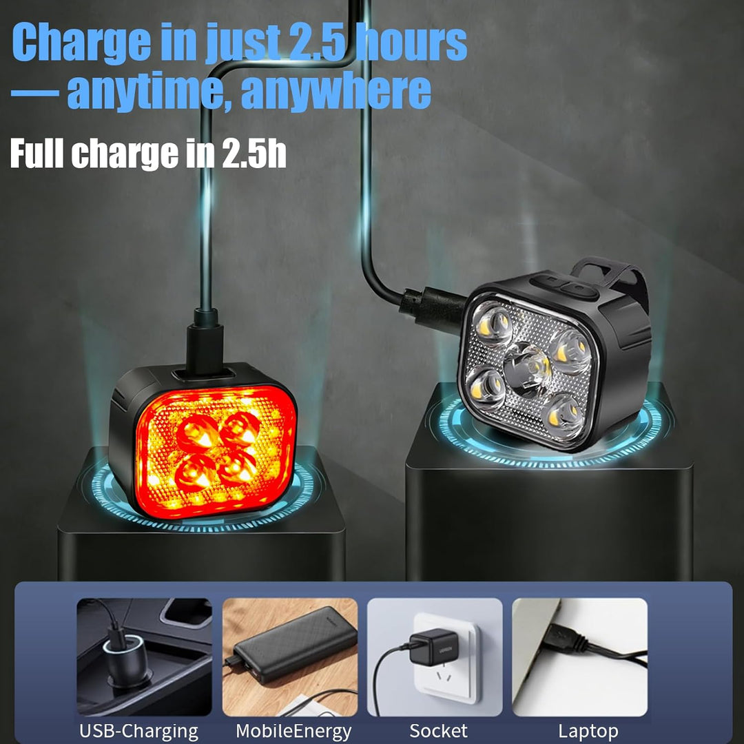 Fahrradlicht Set LED USB wiederaufladbar – Frontlicht 1000mAh & Rücklicht 320mAh, IP65 wasserdicht,