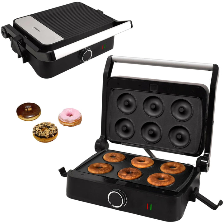 Syntrox Donut Kombigerät Multifunktionsmaker mit Wechselplatten, Kontaktgrill Edelstahl, Multifunkti