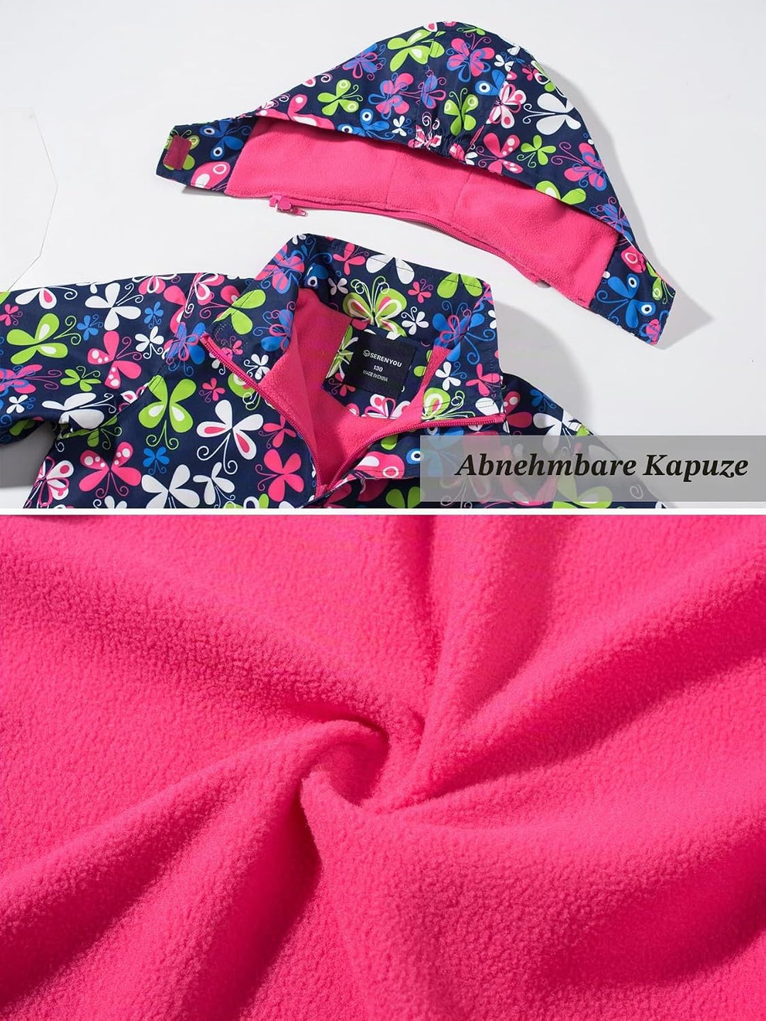 SERENYOU Mädchen Übergangsjacke Gefütterte Regenjacke mit Abtrennbare Kapuze 120 Schmetterlinge, 120