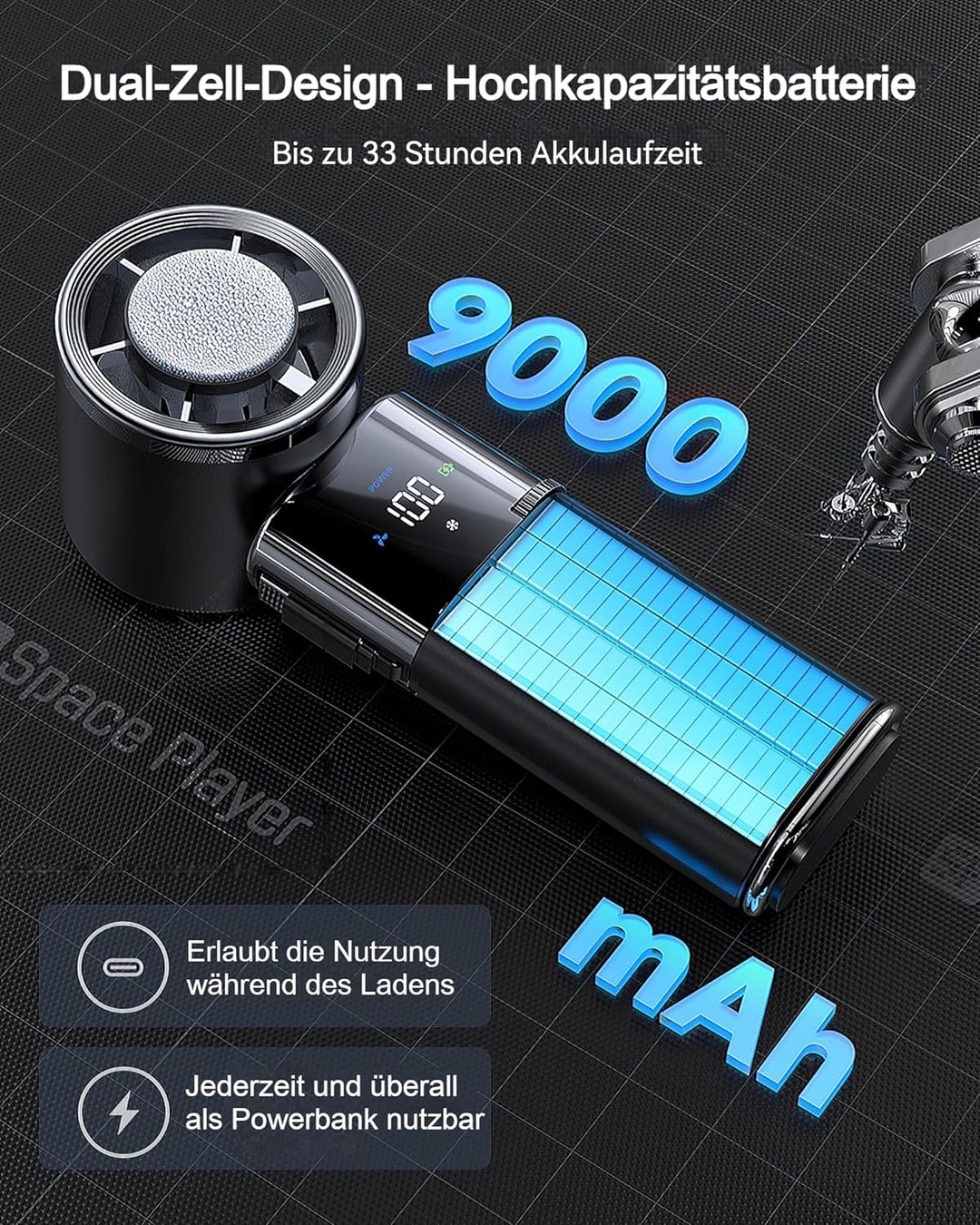 Tragbarer Handventilator mit Turbo-Lüfter und Eiskühlung, 9000mAh handventilator akku aufladbar, 100